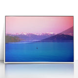 Art deco poster of Geneva scenery with muted blue and white tones on framed acrylic, ideal for modern nursery wall art.