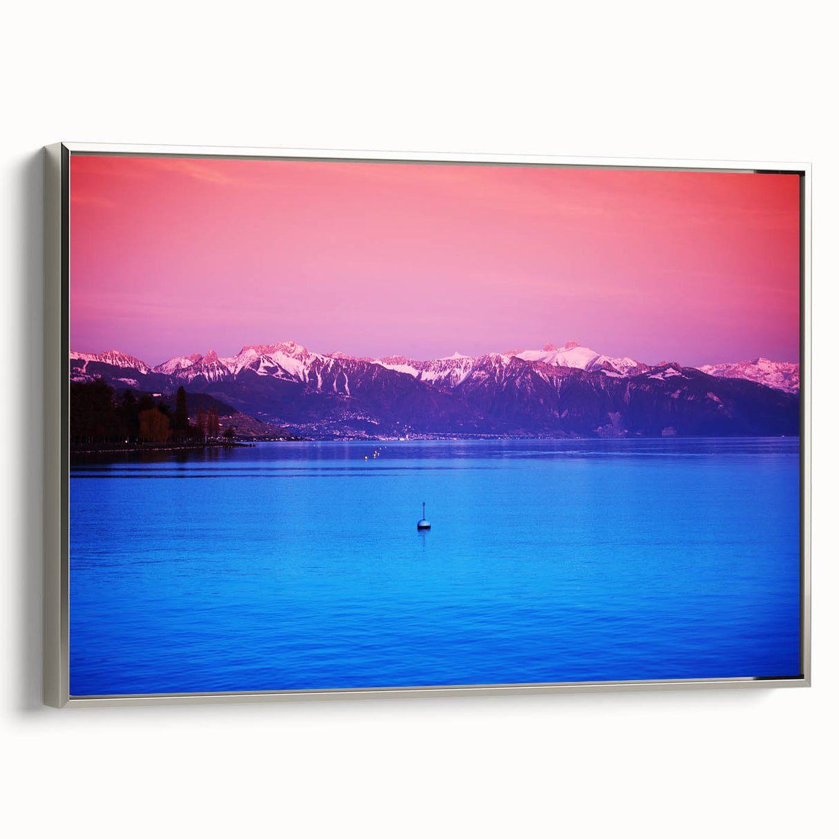 Landscape art painting of Geneva featuring colorful artwork on black framed canvas, ideal for office decor.