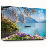 Acrylic print of a Swiss landscape, featuring muted green and blue tones, ideal for dining room decor.