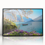 Large abstract wall art depicting a Swiss landscape in muted green and blue tones, framed in black acrylic.