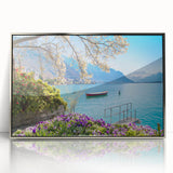 Mid-century modernist art depicting a serene Swiss landscape in muted blues and greens on a framed acrylic print.