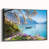 Black and white wall art depicting a vintage Swiss landscape on framed canvas, suitable for bedroom decor.