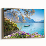 Framed canvas of a vintage-style Swiss landscape in muted gold and black tones, suitable for bedroom decor.