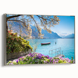 Framed canvas of a Swiss landscape painting in muted earth tones, ideal for living room decor.