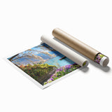 Extra large rolled print of a Swiss landscape with vibrant greens and blues, ideal for classy bathroom wall art.
