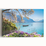 Black and white photograph of a Swiss landscape on stretched canvas, suitable as large kitchen wall art.