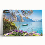 Black and white photograph of a serene Swiss landscape on large stretched canvas.