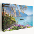 Swiss alpine landscape on stretched canvas, featuring muted green and blue tones, suitable for kitchen wall art.