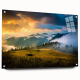 Large abstract wall art of a European landscape in muted earth tones on acrylic glass, suitable for dining or bedroom decor.