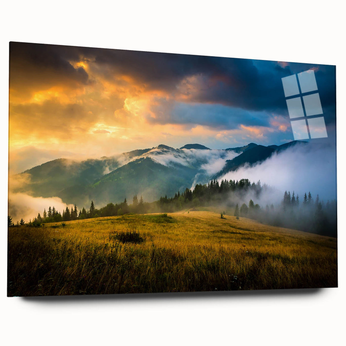 Large abstract wall art featuring a European landscape in muted green and blue tones on acrylic glass.