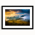 Extra large abstract art print featuring a colorful, textured depiction of a European scenery, in a black frame with mat.