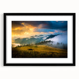 Extra large abstract art print featuring a colorful, textured depiction of a European scenery, in a black frame with mat.