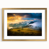 Extra large abstract art print depicting a textured European scenery in gold frame, suited for living room decor.