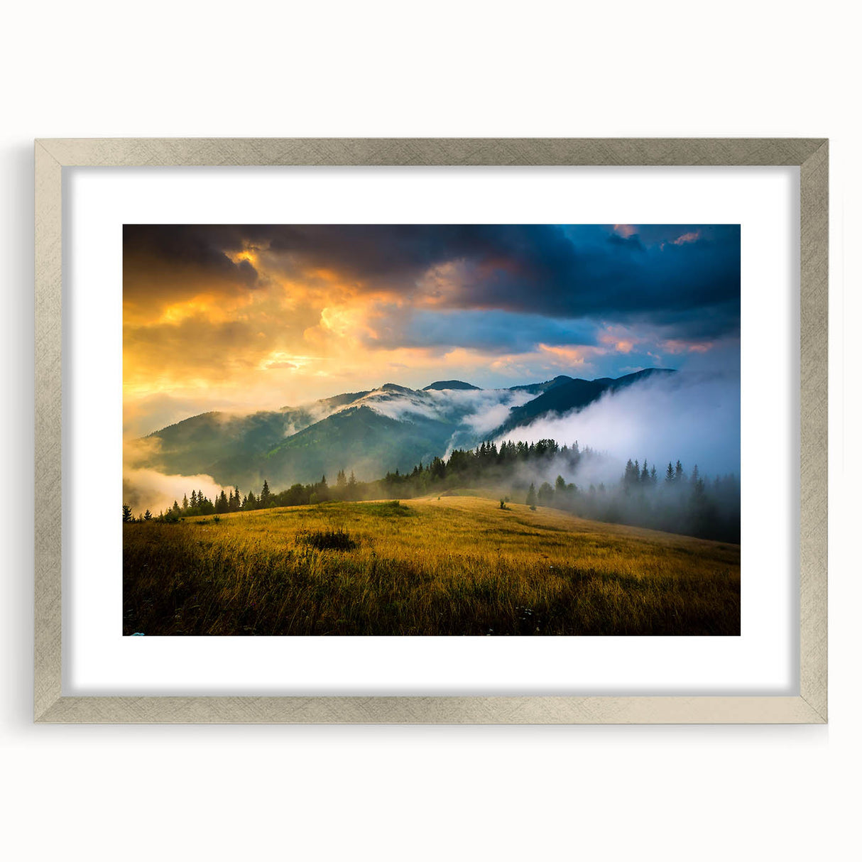 Textured abstract art print of a serene Ukrainian landscape in muted earth tones, framed in silver.