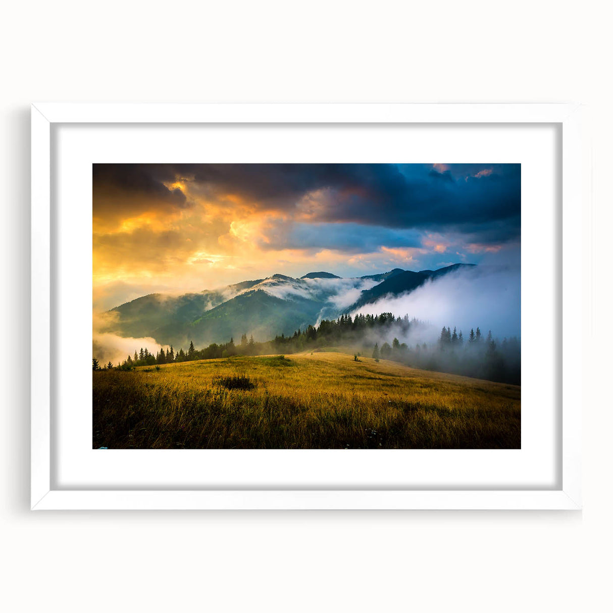 Abstract art print of a European scenery in muted blues and greens, framed with a white mat, ideal for dining room decor.