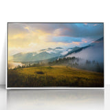 Art deco poster featuring a serene Ukrainian landscape in muted greens and blues, acrylic print framed in white.