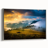 Landscape art painting of a scenic European village, with vibrant colors on a silver-framed canvas.