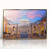 Mid-century modernist acrylic print of the Vatican scenery in muted gold and ivory tones, ideal for modern art wall decor.