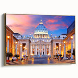 Framed canvas featuring a vintage-style landscape painting of the Vatican, with muted gold and black tones.