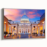 Framed canvas of a colorful European landscape painting, featuring the Vatican in a vintage poster style.