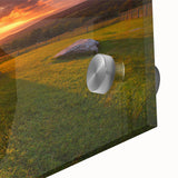 Large abstract wall art depicting a Welsh scenery in muted green and brown tones on acrylic glass.