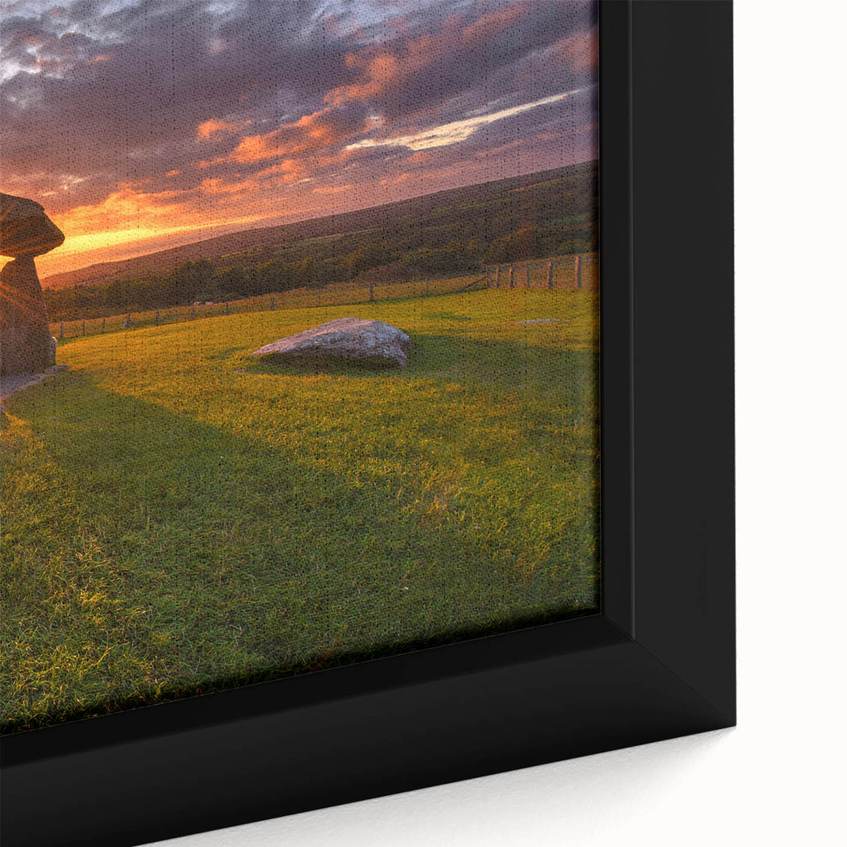 Extra large framed canvas of a textured Welsh scenery in black with colorful accents, ideal for living room decor.