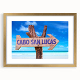 Extra large abstract art print of Cabo San Lucas scenery in vibrant colors on a textured canvas, framed in gold.