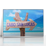 Framed acrylic print of Cabo San Lucas scenery in muted blue and white tones, suitable for modern art wall decor.