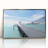 Framed acrylic print of a Cancun scenery in mid-century modernist style, with vibrant blue and gold tones.