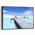 Black and white framed canvas of Cancun landscape, vintage poster style, ideal for bedroom wall art.