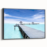 Black and white framed canvas of Cancun landscape, vintage poster style, ideal for bedroom wall art.