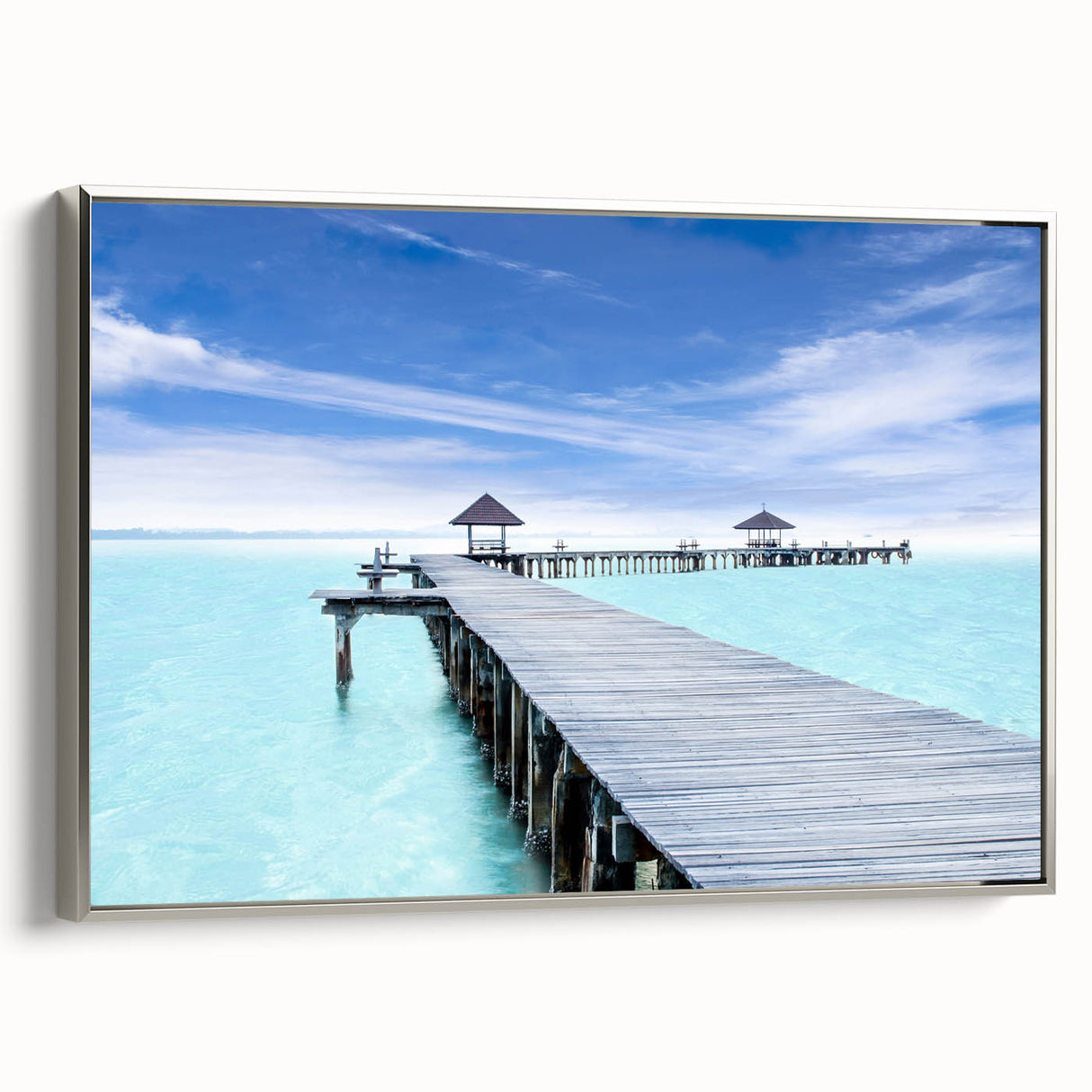 Framed canvas of a vintage Cancun landscape painting, featuring vibrant colors against a black background.