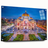 Acrylic print of a large abstract depiction of Mexico City in vibrant colors, suitable for bedroom or dining room decor.