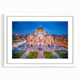 Abstract art print of Mexico City skyline in muted gray and blue tones on a framed white mat, ideal for dining room decor.