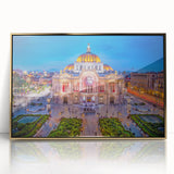 Large art print of Mexico City scenery in mid-century modernist style, framed in gold acrylic.