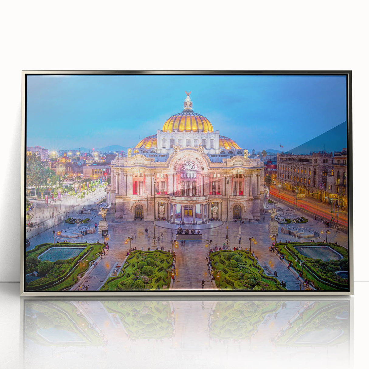 Mid-century modernist art depicting Mexico City in vibrant colors on a silver-framed acrylic print.