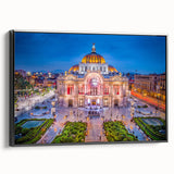 Black and white vintage poster art of Mexico City landscape on framed canvas, suitable for bedroom wall decor.