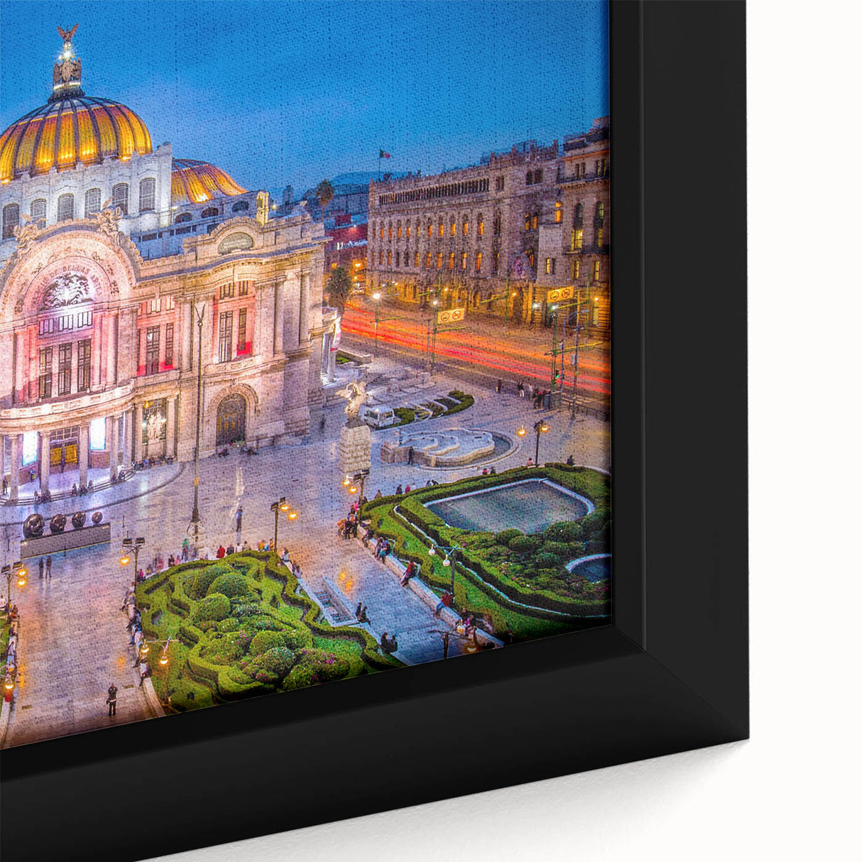 Extra large framed canvas of Mexico City scenery in black with colorful, textured art details, ideal for living room decor.