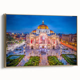 Framed canvas featuring a vintage poster art of Mexico City landscape in gold and black tones, suitable for bedroom decor.