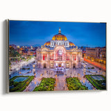Framed canvas depicting a vintage-style Mexico City landscape in colorful hues, ideal for living room decor.