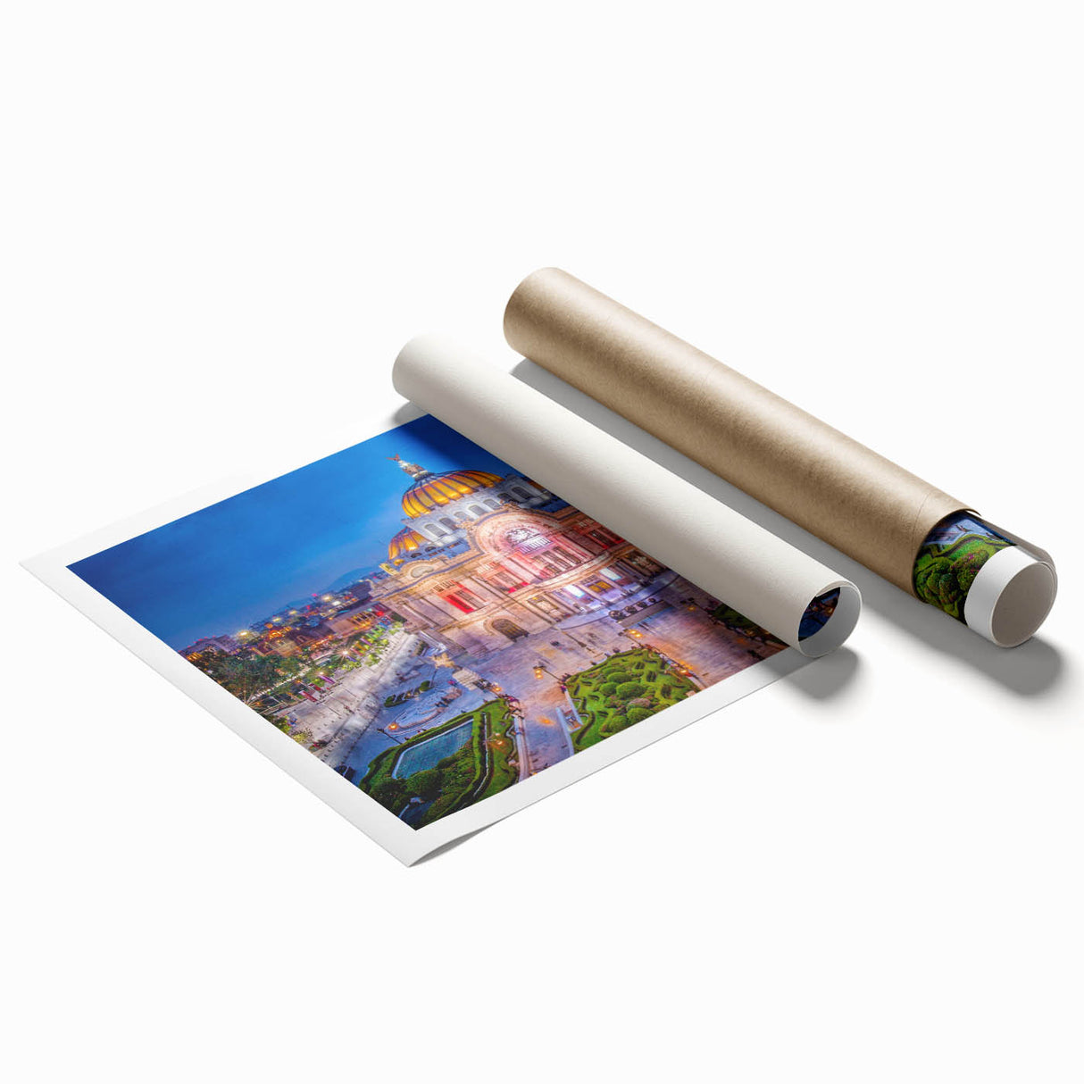 Extra large rolled print of Mexico City scenery with vibrant floral elements, ideal for classy bathroom wall art.