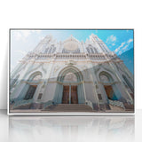 Acrylic print of Guanajuato, Mexico scenery in art deco style with vibrant colors, framed in white.