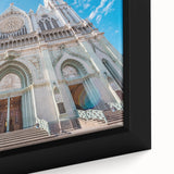 Framed canvas of a textured, colorful depiction of Guanajuato, Mexico, ideal for living room decor.