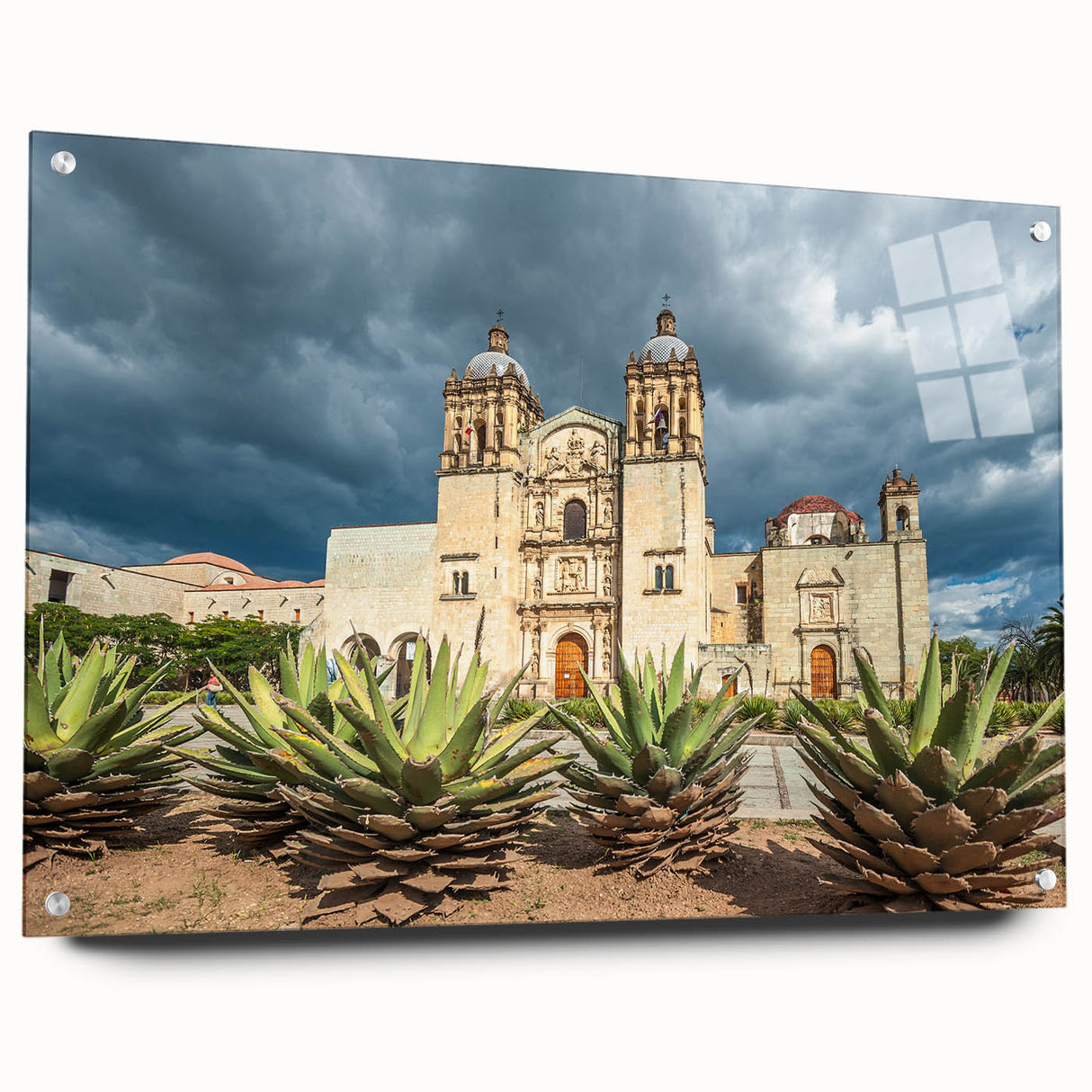Acrylic print of a large abstract depiction of Oaxaca scenery in vibrant earth tones, ideal for dining room or bedroom decor.