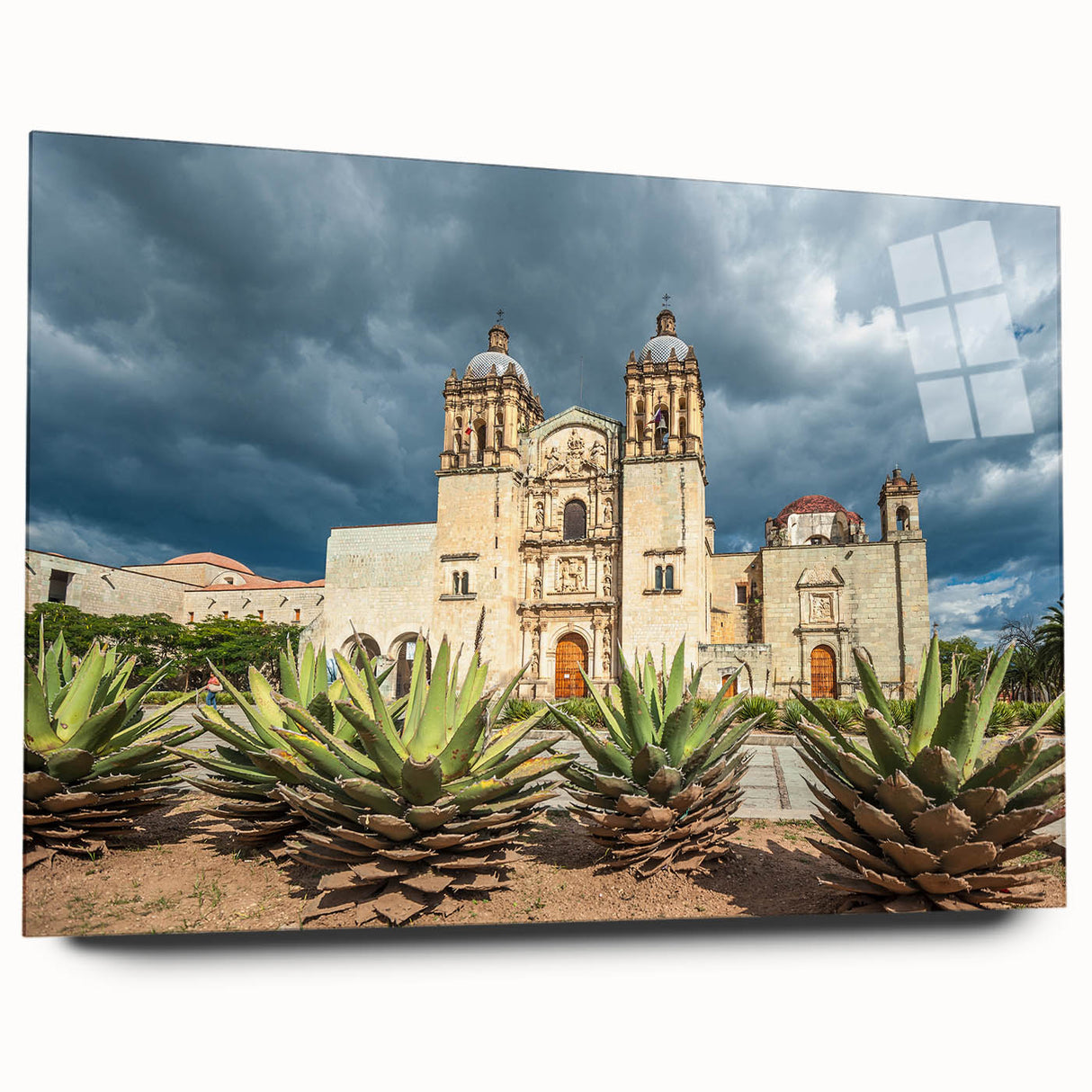 Large abstract wall art of Oaxaca scenery on acrylic glass, in muted earth tones, suitable for bedroom or dining room decor.