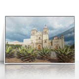 Acrylic print of Oaxaca, Mexico scenery in art deco style with vibrant colors, framed in white.