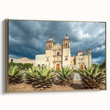 Framed canvas depicting a vintage-style landscape of Oaxaca with gold accents, ideal for bedroom wall art.