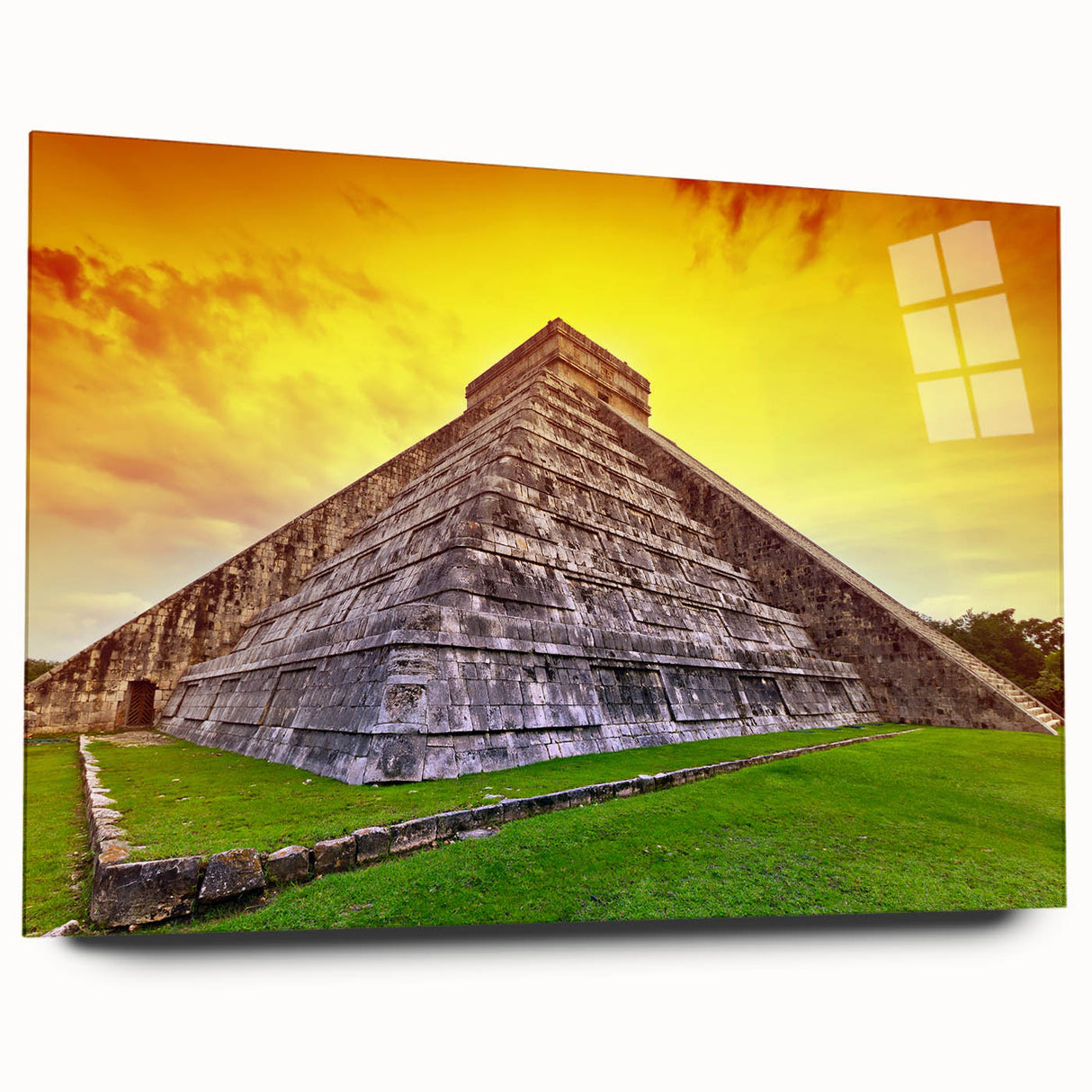 Large abstract wall art of Yucatan scenery in vibrant colors on acrylic glass, suitable for bedroom or dining room decor.