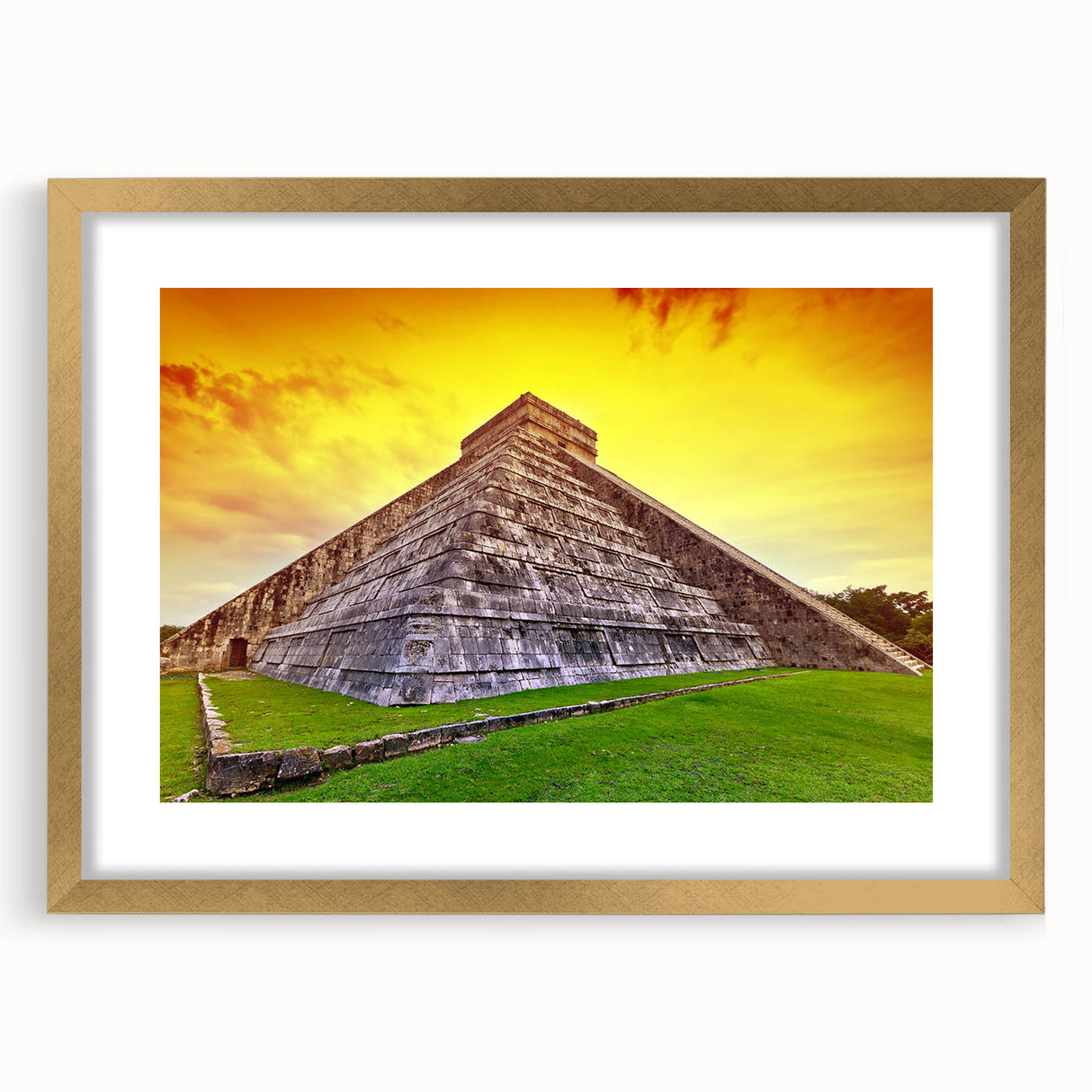 Extra large abstract art print of Yucatan scenery in textured gold frame, ideal for living room decor.