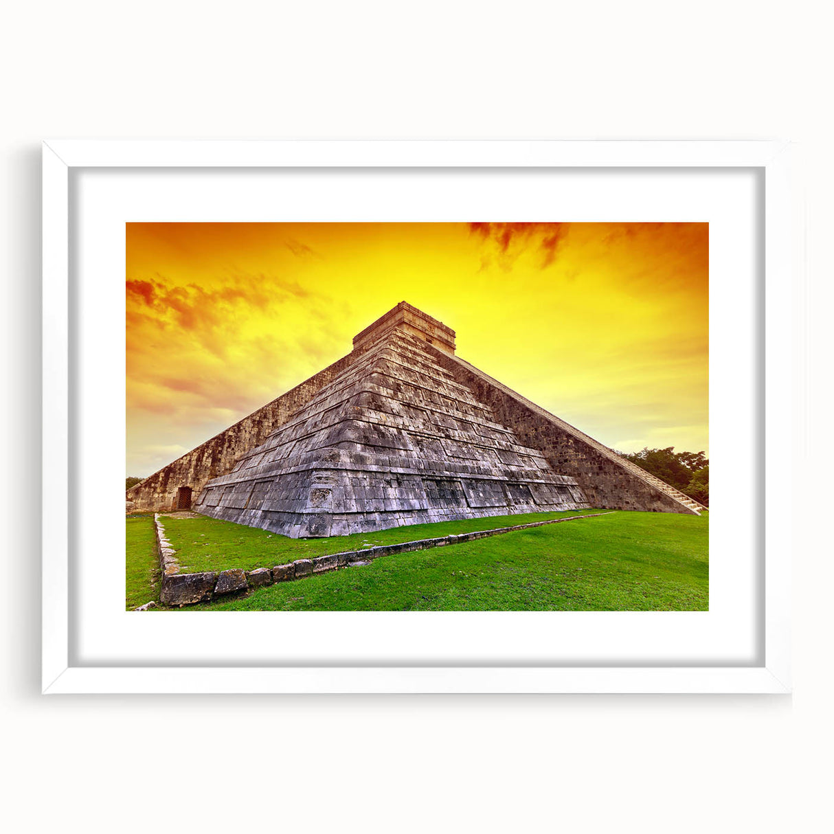 Abstract art print depicting a vibrant Yucatan scenery in a white-framed mat, suitable for dining or bedroom decor.